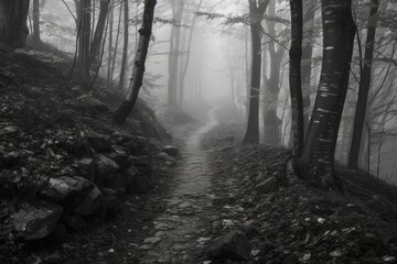 Path in a misty forest, bw. Generative AI