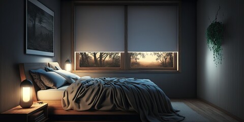Bedroom with smart lighting and window shades automatically adjusting to time of day and weather conditions, concept of Automation, created with Generative AI technology