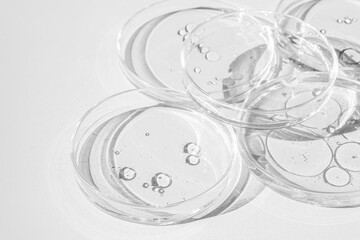 Petri dish. Petri cups with liquid. Kit. Chemical elements, oil, cosmetics. Gel, water, molecules, viruses. Close-up. On a white background.