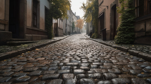 A high - resolution image of an old cobblestone street, showcasing the uneven stones and moss growth between the cracks, perfect for historical or European settings