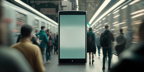 Obraz premium Large Phone Display Blank Screen, Subway Crowd Billboard Advertisement, Brand Sales Announcement Promotion, Business Visual Marketing Campaign, Modern Graphic Design Poster, Publicity Sign Wide Format