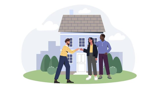 Family Buying Home. Moving couple receives keys to apartment from real estate agent or realtor. Rent and Mortgage. Man and woman property owners. Investing in house. Flat graphic animated cartoon