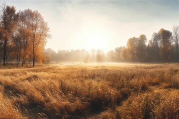 Autumn sunrise over a meadow. Panorama of the outdoors, dreamy pastel colors, and an autumnal sunset in the background. close up golden grass meadow in a forest. beautiful panorama of a peaceful natur - obrazy, fototapety, plakaty