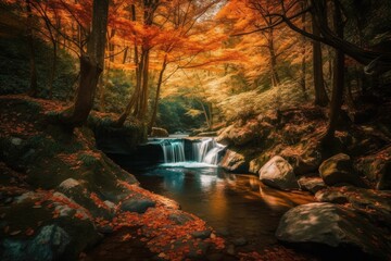 waterfall within a vibrant forest. Beautiful stream flowing through dense forest. waterfall scenery during the fall. Amazing natural landscape in the fall. Autumn hues in a beautiful natural setting