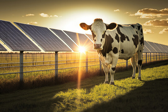 A cow near to a solar panel photovoltaic. Solar panels in natural environment, farm animals. Generative AI.