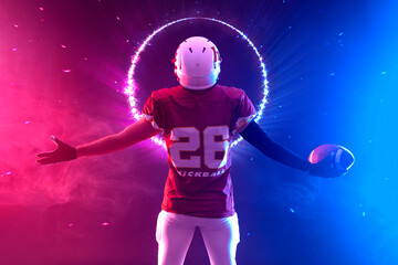 Fototapeta na wymiar American football player teenager. Banner with neon colors. Template for bookmaker ads with copy space. Mockup for betting advertisement. Sports betting, football betting, gambling, bookmaker, big win