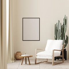 poster frame mock up in boho style interior background with white armchair and coffee table near window ,beige wall, 3d render