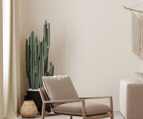 Empty beige wall mock up in country, boho style interior background with armchair, cactus and macrame, 3d render © Oleksandr