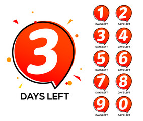 Countdown left days. One two three day left number, count time sale week banner