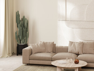 Modern living room interior in beige tones with sofa and coffee table, cactus and stone wall panel, 3d render