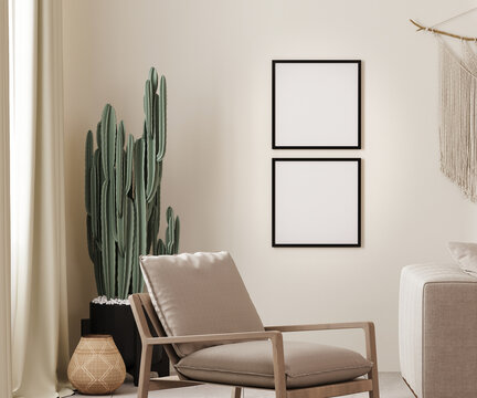 Mock up  two square poster frames in boho interior background with beige wall, armchair and cactus, 3D render illustration