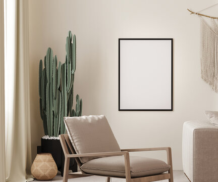 Mock up poster frame in boho interior background with beige wall, armchair and cactus, 3D render illustration