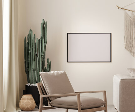 Mock up picture horizontal frame in boho interior background with beige wall, armchair and cactus, 3D render illustration