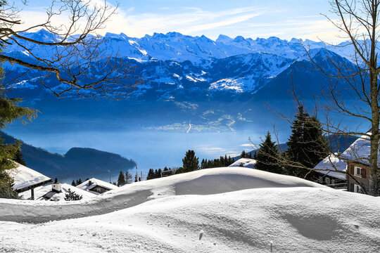 Winter at Rigi mountain ski resort paradise, lake Lucerne, Switzerland