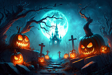 Jack O&rsquo; Lanterns Glowing At Moonlight In The Spooky Night, Generative AI