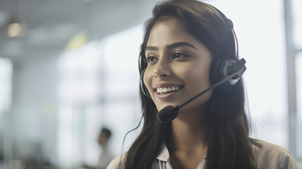 Generative AI - Indian smiling telephonist woman with headphones at a callcenter.