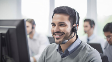 Generative AI - Mexican smiling telephonist man with headphones at a callcenter.