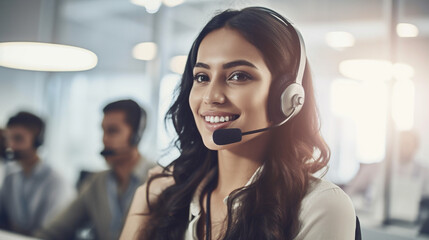 Generative AI - Native American smiling telephonist woman with headphones at a callcenter.