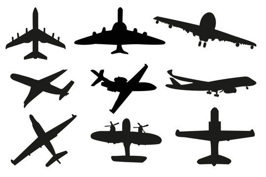 A set of airplane silhouettes. Airplane silhouette vector illustrations.