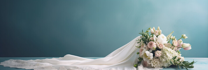 Banner of a wedding dress and bridal flowers bouquet, marriage gown, generative ai illustration on soft blue background with copy space