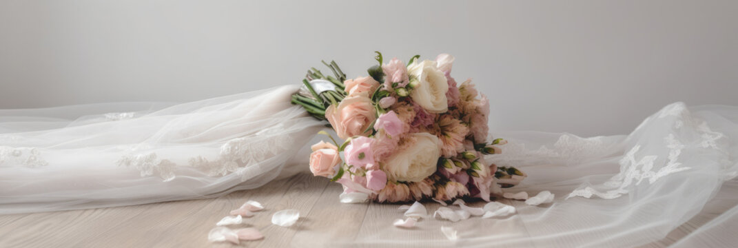 Banner of a wedding dress and bridal flowers bouquet, marriage gown, generative ai illustration on neutral 
background with copy space