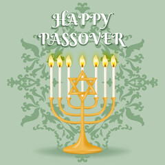 Passover holiday. Beautiful background features the iconic symbols of the Menorah and Star of David set against an intricate patterned design. Vector illustration.