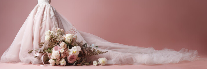 Banner of a wedding dress and bridal flowers bouquet, marriage gown, generative ai illustration on neutral soft pink and orange background with copy space