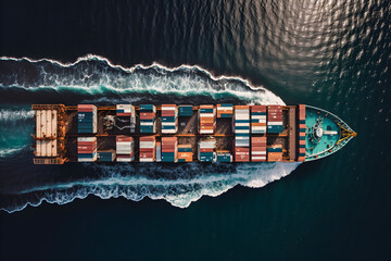 Aerial view of cargo ship sailing on the sea - generative ai