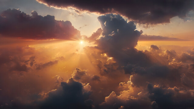 An aerial shot above beautiful sunset clouds with sun shining on horizon, detailed picturesque view, amazing photo of cloudscape with beautiful light rays.