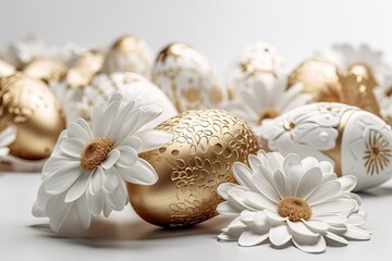 Fototapeta na wymiar White Easter flowers with metallic bronze patterns. Generative AI.