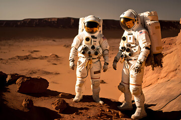 Two astronauts in space suits walking on a rocky surface of extraterrestrial planet and collecting samples. AI generative illustration for space exploration