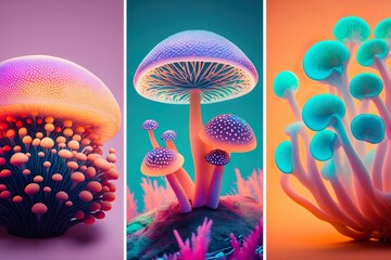 Holo glowing mushrooms illustration. AI generative magical multicolored shrooms background. Fluorescent psychedelic forest 3d fungi design