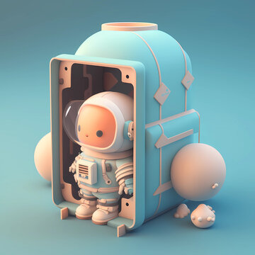 Tiny adorable 3d astronaut model in soft pastel colors. AI generative illustration of cute space explorer avatar