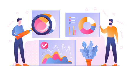 Data science concept. Man with magnifying glass examines chart and graph. Infographics and dashboard. Working with statistics and information, marketing research. Cartoon flat vector illustration