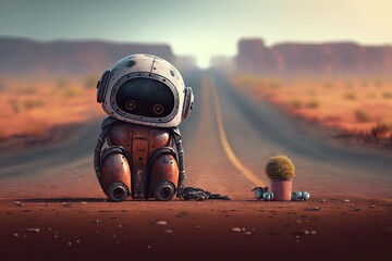 lonely sad robot sitting in road on planet, created with generative ai