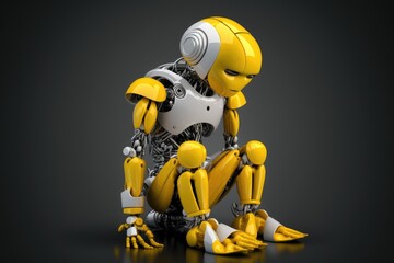humanoid robot with bright yellow hands sad robot, created with generative ai