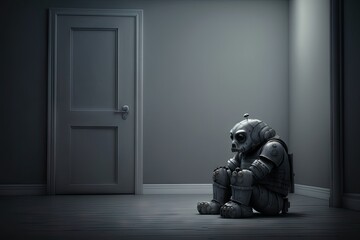 lonely sad robot sitting in gloomy room on dark gray background, created with generative ai