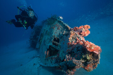 Diver explores the wreck on the Little Sister dive site off the Dutch Caribbean island of Sint...
