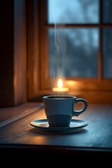 Obraz premium A single cup of coffee or tea sits on a table in front of a window with steam coming from it. It's raining outside. Generative AI.
