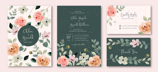 Fototapeta na wymiar wedding invitation set with delicate floral watercolor frame