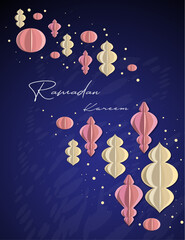 Stylish Ramadan Card with paper lights on the wall in cat paper style, Muslim Background and Wallpaper