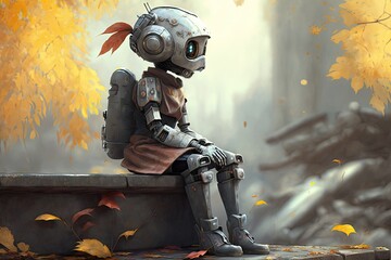 lonely sad robot girl sitting on stone platform in autumn, created with generative ai