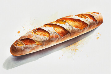French baguette watercolour illustration. Loaf of bread on white background. Ai generative.