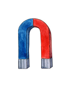recommend clip art: Watercolor illustration of a red and blue horseshoe magnet. U-shaped magnet icon. Magnetism, magnetization, attraction concept. Back to school. Isolated on white background. Drawn by hand.