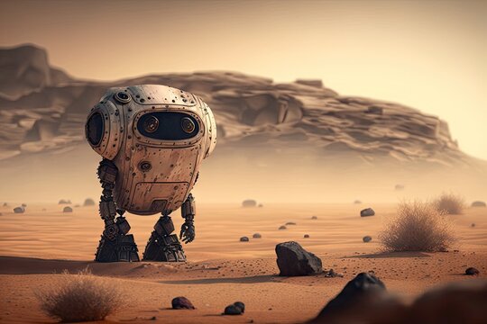 lonely sad robot stands at desert space on alien planet, created with generative ai