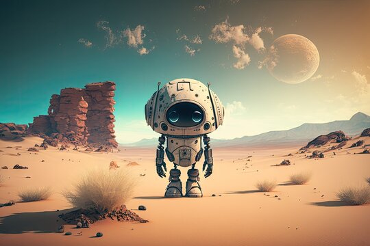 lonely sad robot stands at desert space on alien planet, created with generative ai