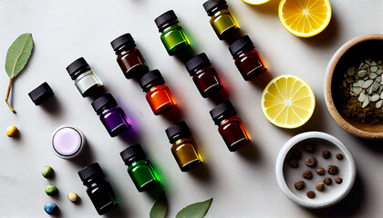 A top view of a collection of essential oils arranged on a white stone table. Ideal for promoting aromatherapy and natural remedies. Generative AI