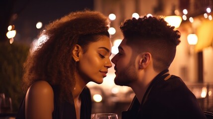 young ethnic couple having a romantic dinner looking at each other in the eyes. Generative AI