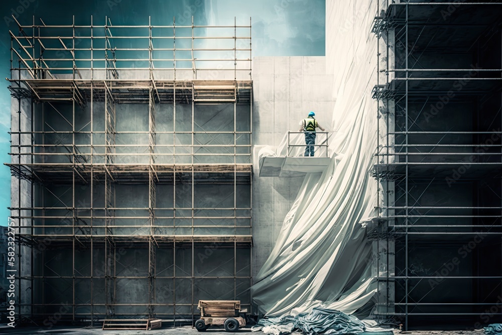 Sticker scaffolding near building and wall of house repair and construction works, created with generative ai