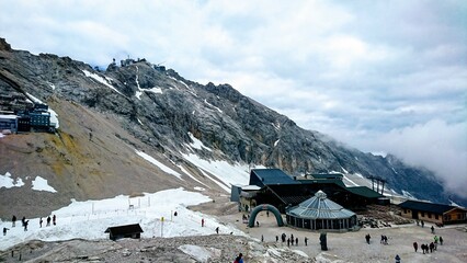 Zugspitzplatt, Zugspitze, Germany - Jun 17 2018: View of Zugspitzplatt Station with tourists around in the summer before the pandemic